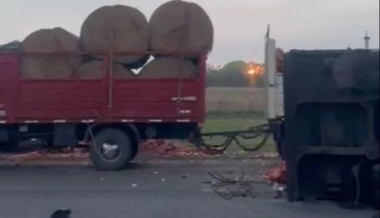 Tremendo choque entre camiones en la Ruta 2: uno volcó y el otro terminó destrozado